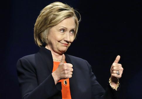 Former Secretary of State Hillary Rodham Clinton gives thumbs up as she addresses around 3,000 summer camp and out of school time professionals at the American Camp Association and Tri State CAMP conference Thursday, March 19, 2015, in Atlantic City, N.J. (AP Photo/Mel Evans)