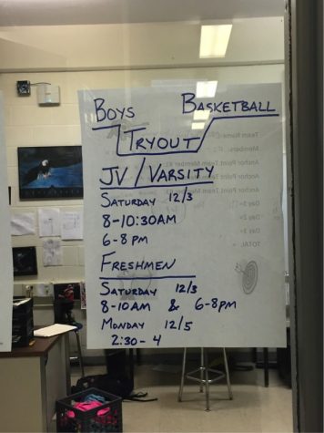 Sign for boys basketball tryouts in the locker room on the window of the coaches office. There are some openings in the team with transfers and ineligibility, so everyone is fighting for a spot. Coach Moretti is hoping for a very successful season.
