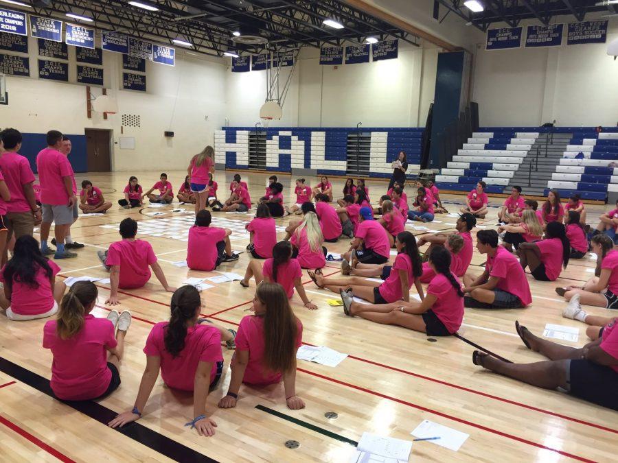 Hall Link Crew leaders dedicating part of their summer to helping out the freshmen at orientation. Link Crew will continue to help freshman for the rest of the year. (8/26/16)