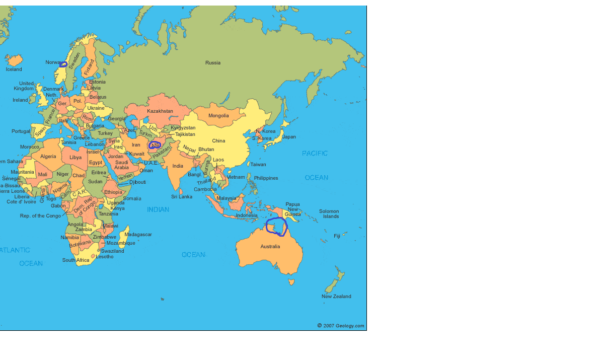 This partial world map has the locations of the places mentioned in the article.