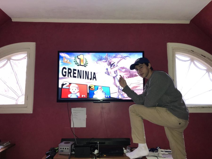 Smash Bros. enthusiast Coby Noll celebrates his victory as his favorite character, Greninja.