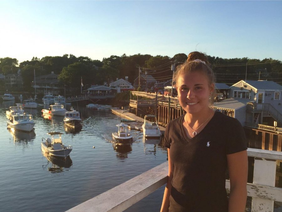 Chloe Nordyke on bridge of Perkins Cove in Ogunquit, ME