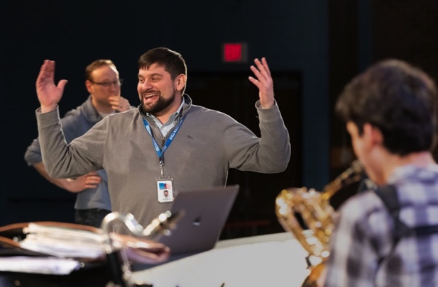 Photo by Steve McDonald, studio441.com

“James Antonucci enjoying himself conduct the Hall High Concert Jazz Band as they get ready to put on the production of Pops n’ Jazz”

