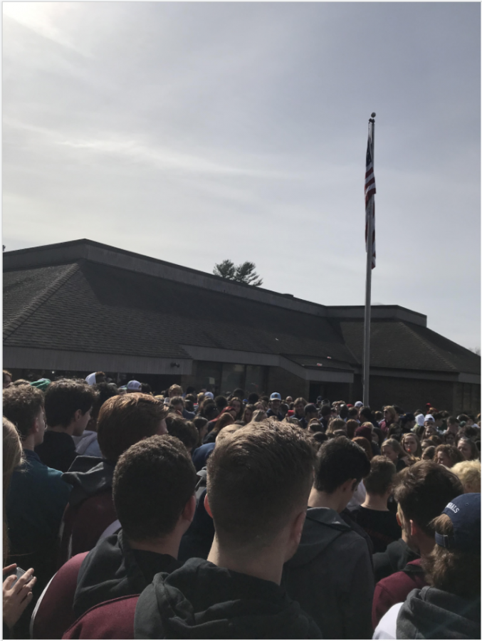 Students protest CIAC’s decision to cancel the remainder of winter tournaments. On the roof of    the building, an egg and a cup of coffee sit, thrown from bitter and enraged students