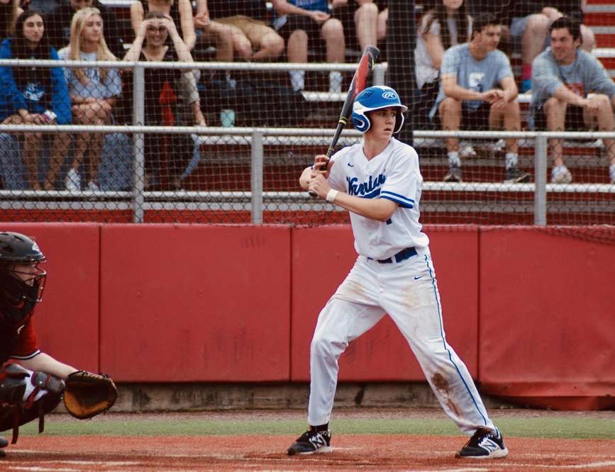 Will Fox stares down the pitcher in the intense Hall-Conard rivalry game at the University of Hartford
(PC - Ron Fox)