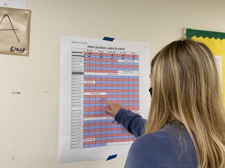 A high school senior struggles navigating the new schedule. Her classes change everyday and the student must look at the schedule to see which classes they have that day.