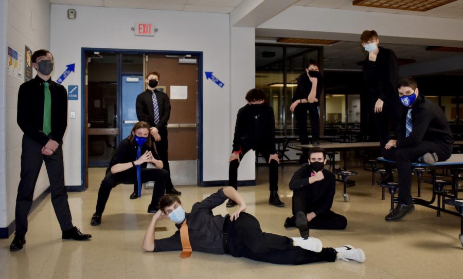 Despite social distancing, the tenors and basses of the Hall Choraliers pose in the cafeteria at Hall High School, West Hartford, CT, demonstrating the friendships and bonds they’ve had the chance to make whilst filming for the virtual Pops ‘n Jazz production. (Taken March 1, 2021)