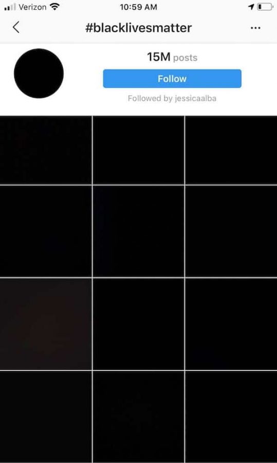 A screenshot of the #blacklives matter page on instagram during Blackout Tuesday, June 2nd, 2020. A movement which was meant to show support for the black community ended up blocking out a lot of actually important and educational posts about the protests. Additionally many of the people who participated were criticized because of their very minimal and seemingly performative contribution to the movement.  