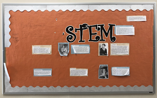 A poster at Hall High School intended to showcase women in STEM looks disheveled having been defaced. The elements of the poster have been ripped, folded, or taken off completely. 