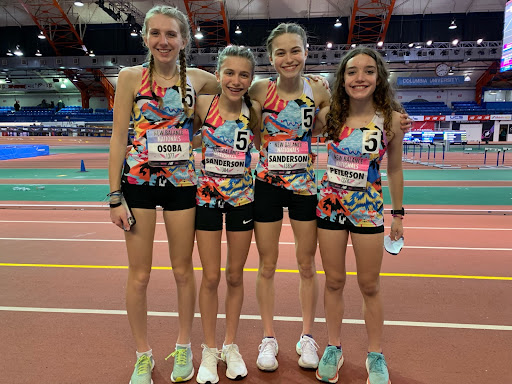 Hall girls 4x800m team at New Balance Nationals in New York! The girls came in 14th place with a season best of 9:54.24. From left to right: Katie Osaba ‘25, Abby Sanderson ‘25, Kate Sanderson ‘22, Maddie Peterson ‘25.