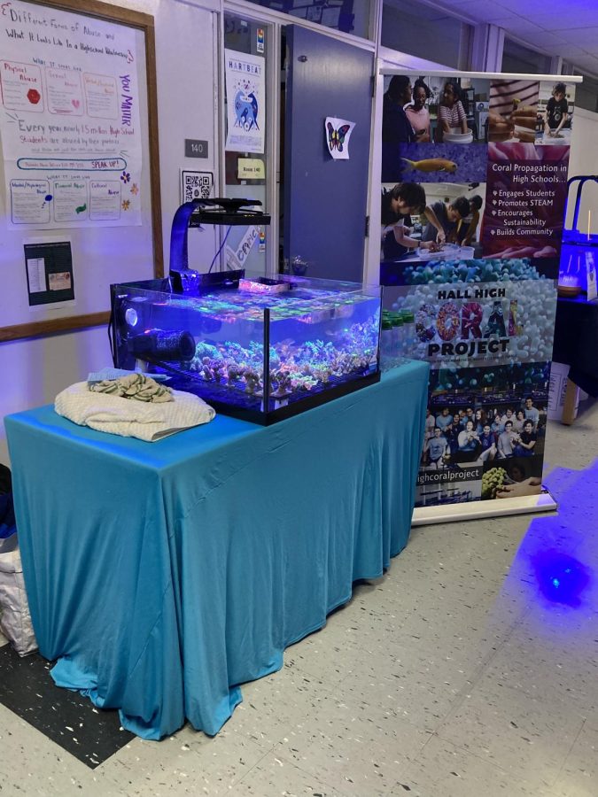 The clubs stand set up for the event, which is held in the hallways of E.O. Smith High School, in Storrs, Connecticut.