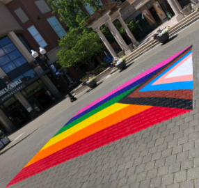 Starting a few years ago, a progress pride flag has been painted in Blue Back Square in West Hartford, where West Hartford Pride is celebrated each year.