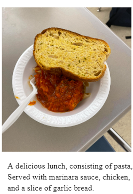 A delicious lunch, consisting of pasta. Served with marinara sauce, chicken, and a slice of garlic bread. 