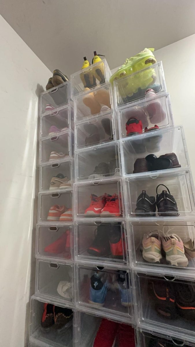 A display of sneakers in a dressing room.