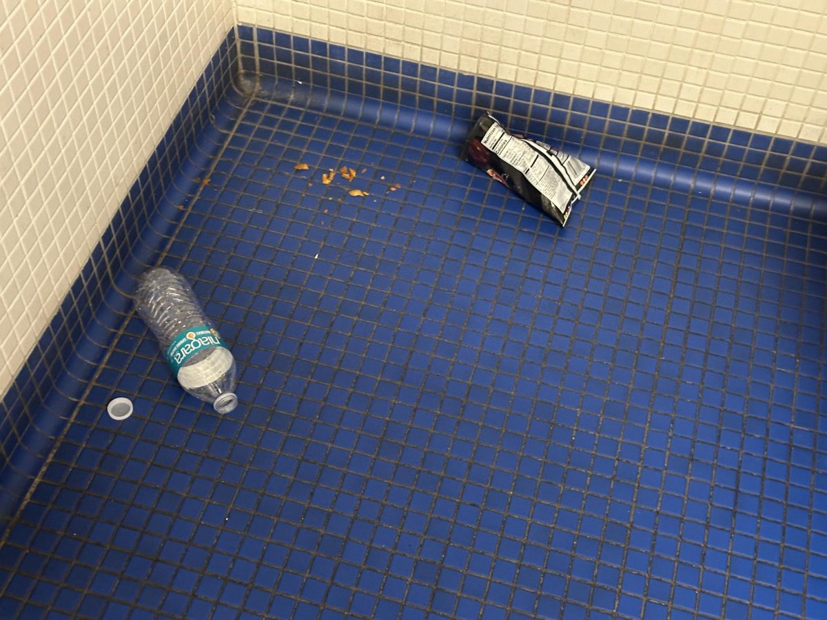 This picture is an example of one of the many bathrooms that students leave behind trash in.