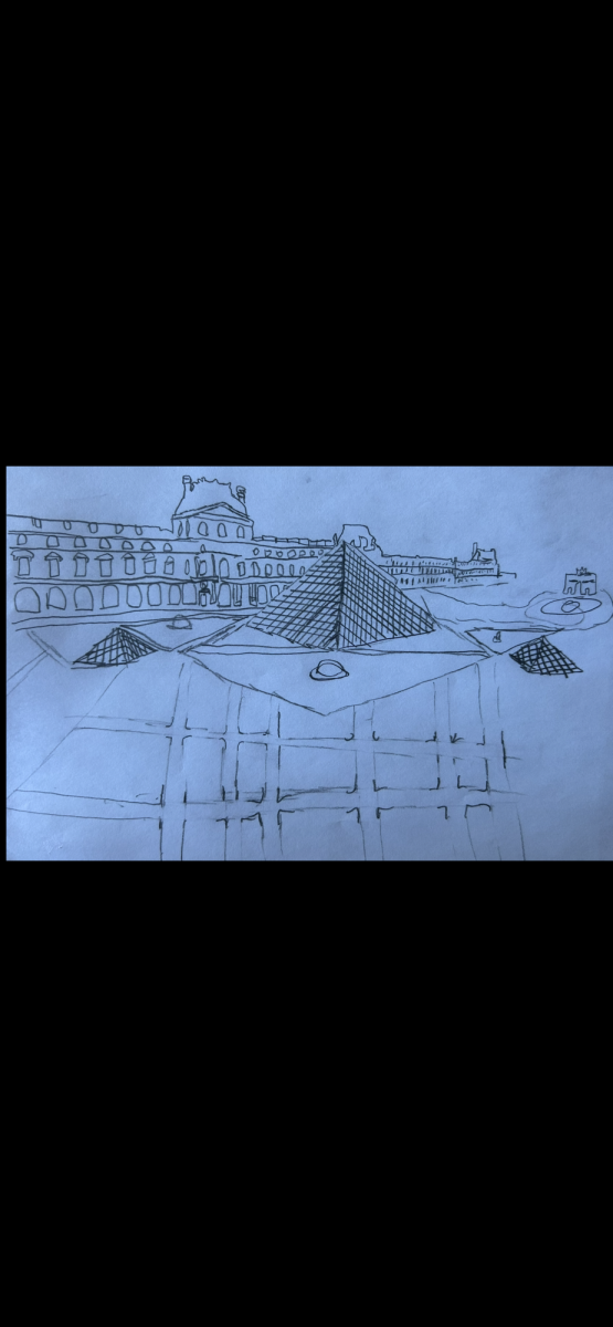 Illustration of Exterior of the Louvre showing the Louvre Pyramid